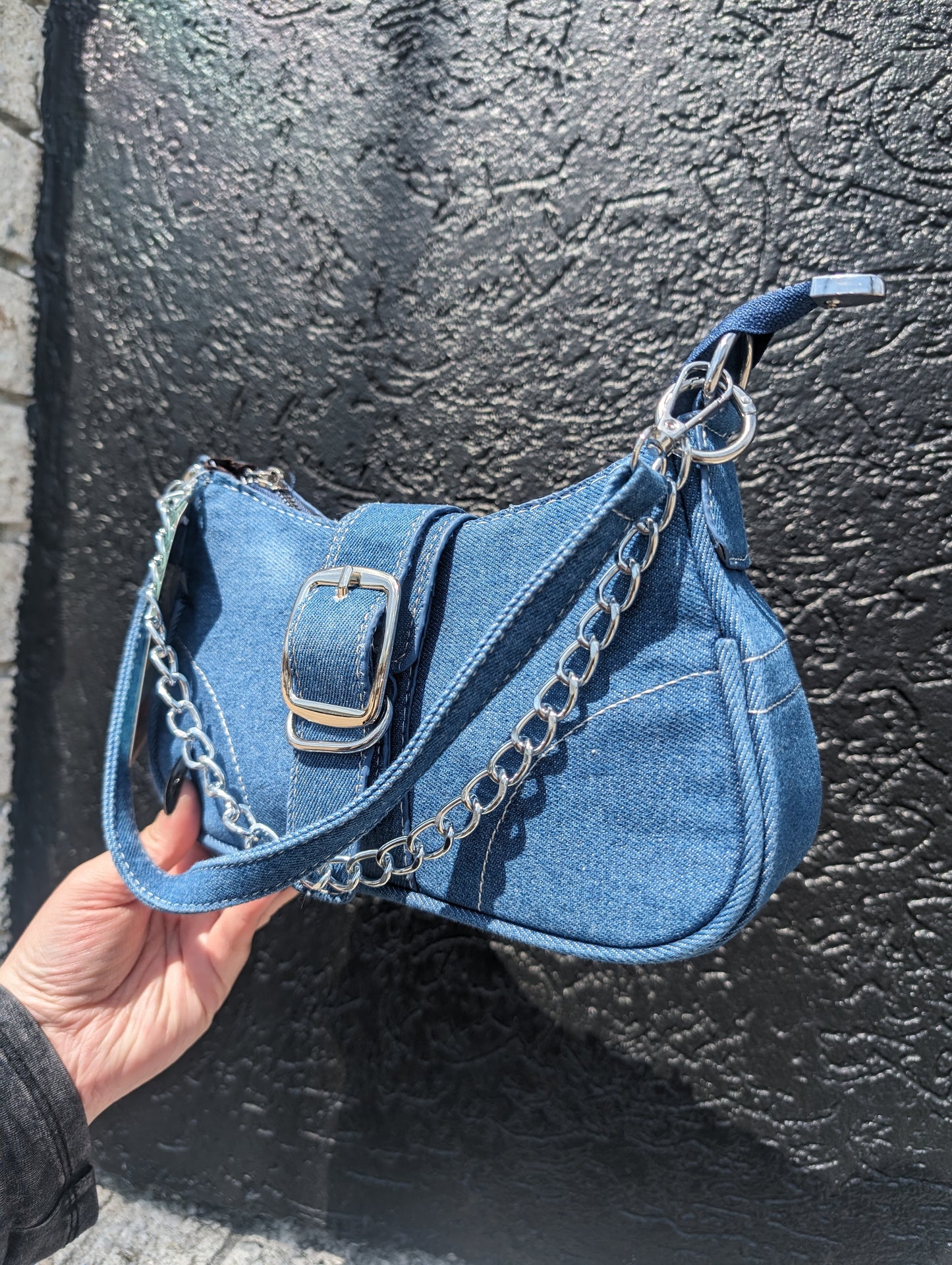 Y2K denim shoulder bag with silver chain