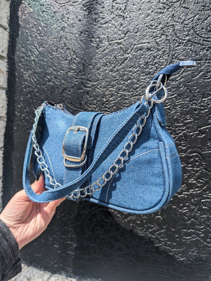 Y2K denim shoulder bag with silver chain