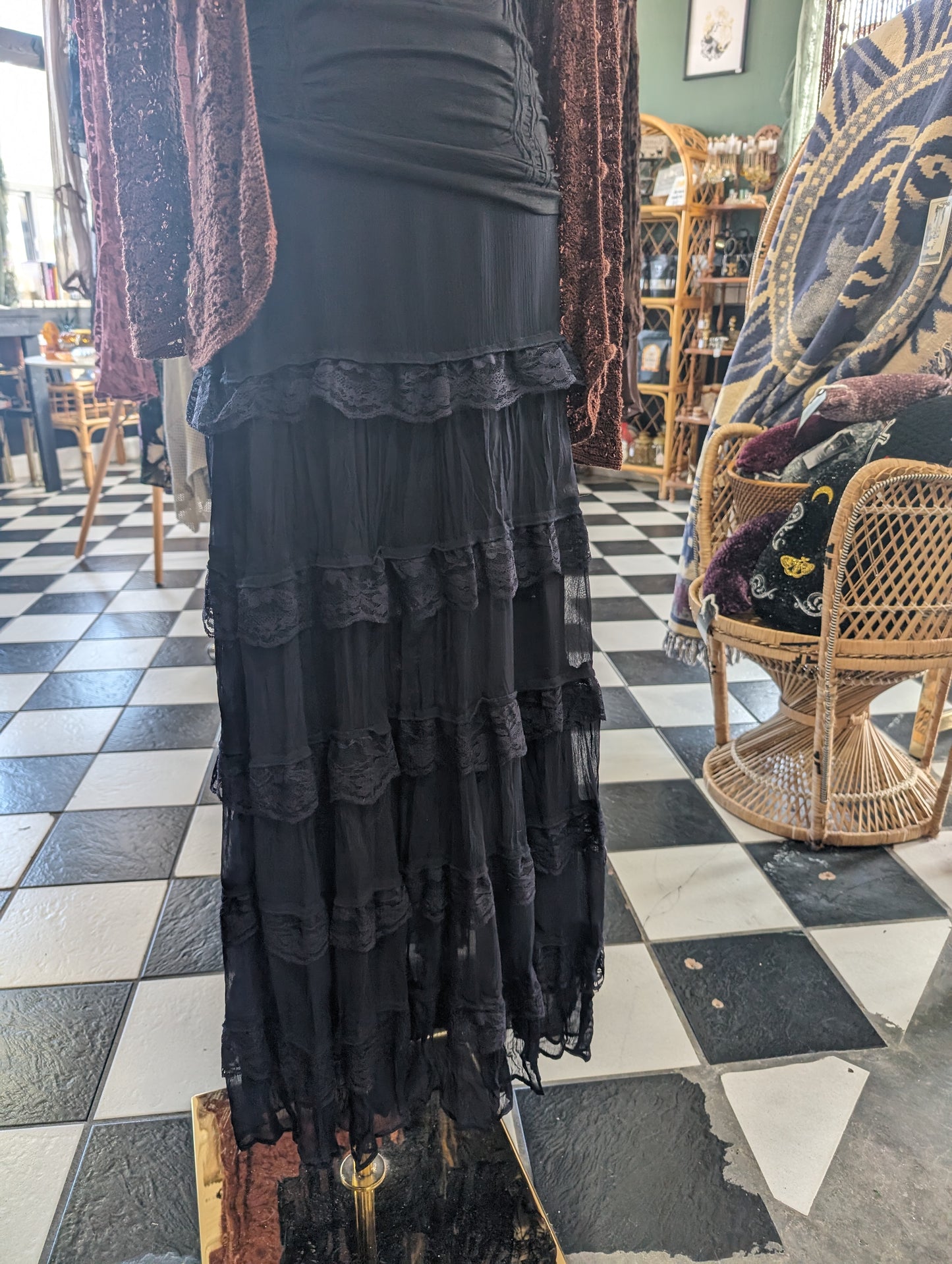 Navy blue lace long sheer long skirt