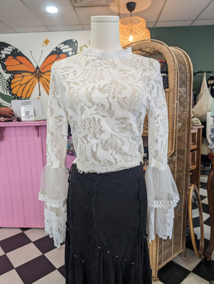 Revamped white lace bell sleeve crop top