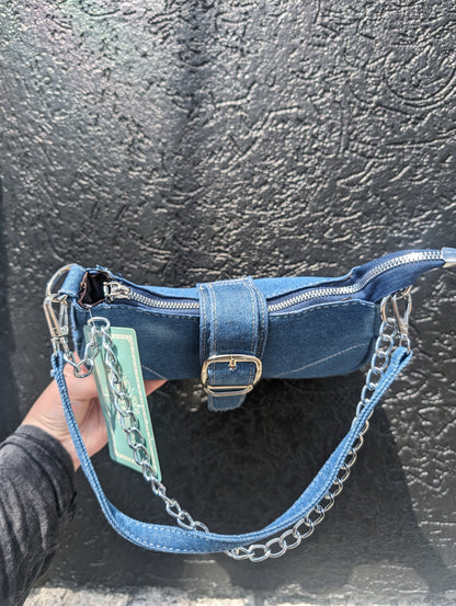 Y2K denim shoulder bag with silver chain