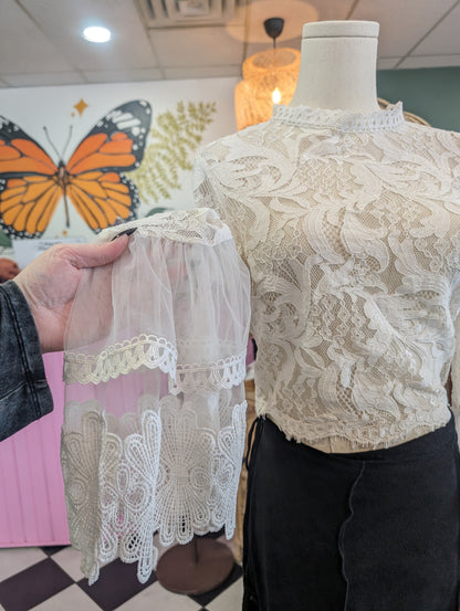 Revamped white lace bell sleeve crop top