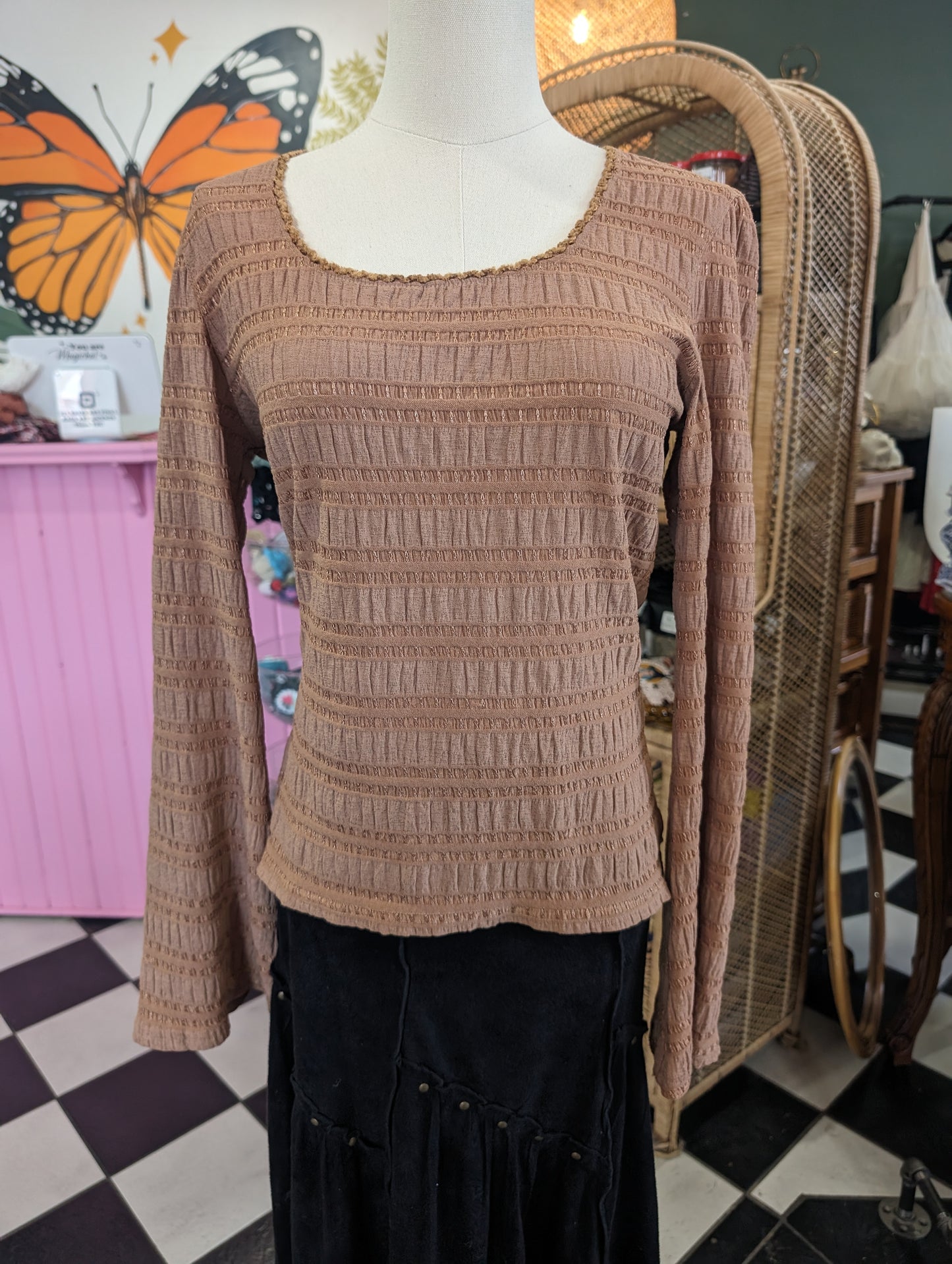 Tan Jex Collection bell sleeve scoop neck top