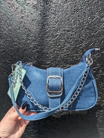 Y2K denim shoulder bag with silver chain